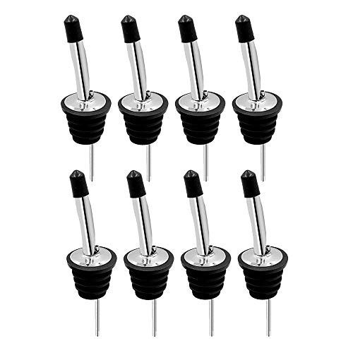 LARATH 8 Stück Edelstahl Flasche Poure Olivensaft Öl Flüssig Konische Ausgießer mit Gummi Staubkappen für Kneipen, Clubs, Bars, Cafés, Silber Cover