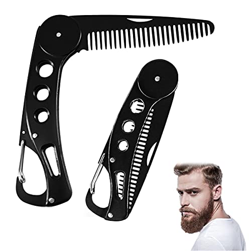 Stainless Steel Folding Beard Comb, Portable Multi-Function Beard Comb, Men's Beard Styling Comb, All-in-One and Multi-Purpose, Also Can Be Used As a Bottle Opener and Keychain (2 Pieces, Black)