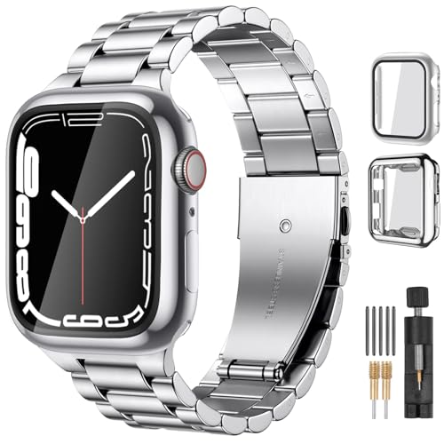 Lerobo Compatible with Apple Watch Band 44mm 42mm 40mm 38mm 41mm 45mm 46m 49mm, Solid Stainless Steel Metal Band with 2 Pack Protective Cover Case for iWtach Series 11 10 9 8 7 6 5 4 3 SE Ul
