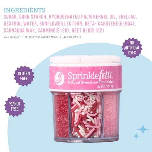Image of Sweets Indeed Valentines Dye Free Sprinkles | Red & Pink Sanding Sugar with Red White Pink Jimmies Mix | Baking & Decorating | No Artificial Dyes | 6-Cell Jar 2.75 oz