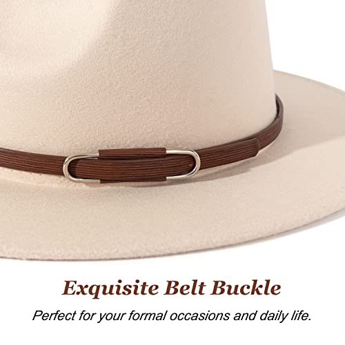 Lisianthus Women's Wide Brim Felt Fedora Retro Panama Hat With Belt Buckle (U-Shaped Buckle Creamy, M) #TOP2
