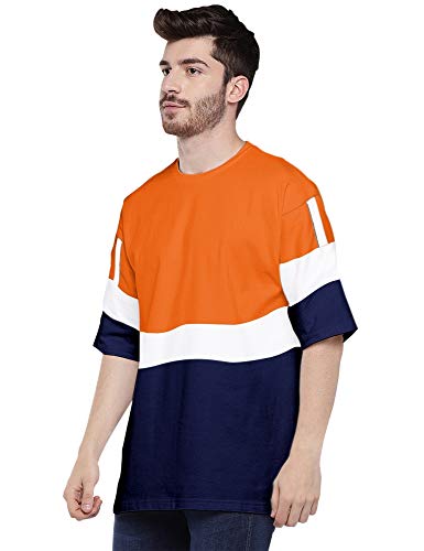 Image of EYEBOGLER Men's Striped Regular fit T-Shirt (T91 Orange-Navy Blue-White M)