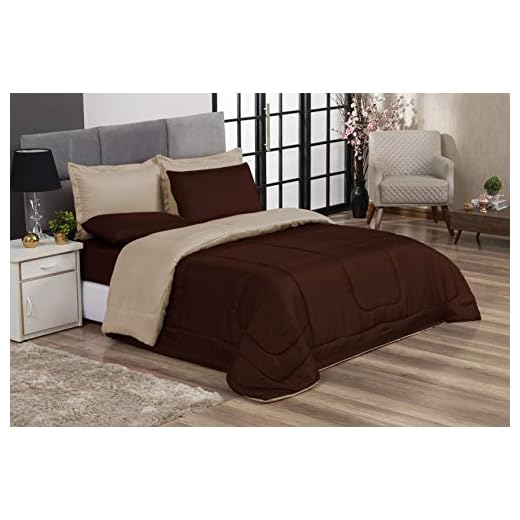 Kit Edredom Casal Queen Jogo de Lençol 06 peças Aconchego Dupla Face Marrom e Bege Casa Dona