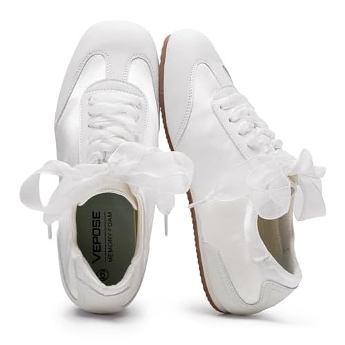 Vepose Women's Satin & Suede Gat Sneakers, Retro Classic Ribbon Lace Trainers with Memory Foam, Lightweight Non-Slip Gum Sole Walking Shoes for Travel and All-Day Wear 8202