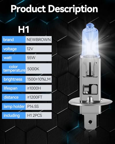 Image of NEWBROWN H1 Headlight Bulb H1 Halogen Headlight Bulb 5000K Super White Light Long Life Replacement P14.5S 12V /55W (H1, 2 Pack)