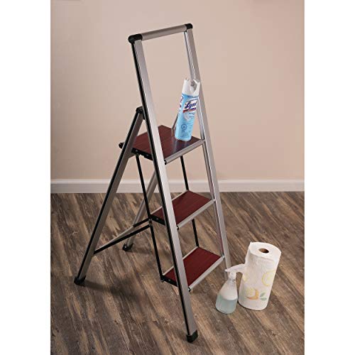 3.85' Brushed Aluminum/Wood Lightweight 3-Step Ladder - Thumbnail 2
