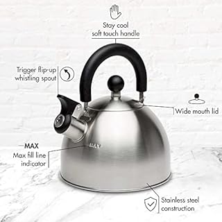 Primula Stewart Whistling Stovetop Tea Kettle Food Grade Stainless Steel, Hot Water Fast to Boil, Cool Touch Folding, 1.5-Quart, Brushed with Black Handle