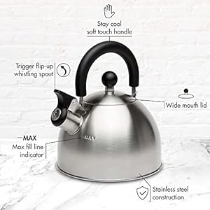 Primula Stewart Whistling Stovetop Tea Kettle Food Grade Stainless Steel, Hot Water Fast to Boil, Cool Touch Folding, 1.5-Quart, Brushed with Black Handle Primula Stewart Whistling Stovetop Tea Kettle Food Grade Stainless Steel Hot Water Fast to Boil Cool Touch Folding 15 Quart Brushed with Black Handle