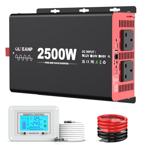 OLTEANP Inverter a onda sinusoidale pura da 2500 W, inverter di potenza da 12 V CC a 240 V CA con 2 prese CA, porta USB, porta di tipo C per camion, veicoli, interruzioni di corrente, telecomando con