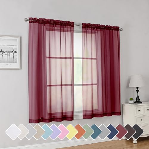 Image of Simplebrand Rod Pocket Top Solid Voile Sheer Curtains for Bedroom, 54 Inch Length Drapes Set of 2, Lightweight and Light Filtering Elegant Red Curtains Panels Window Treatment, 42Wx54L, Burgundy