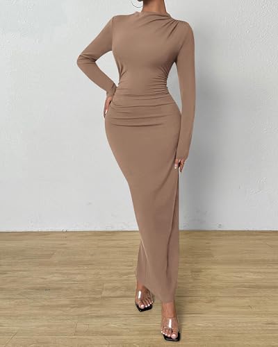 Image of BTFBM Women Bodycon Maxi Dress Long Sleeve Back Slit Ruched Elegant Party Cocktail Formal Fall Wedding Guest Dresses