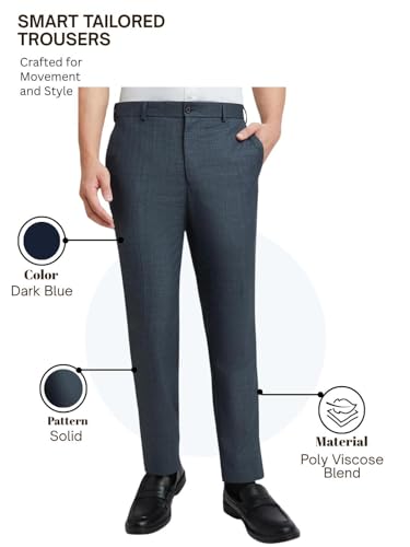 Image of Raymond Men's Slim Fit Mid Rise Solid Pattern Poly Viscose Blend Flat Front Formal Trouser