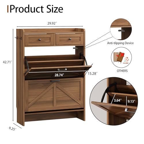 Image of Shoe Cabinet with 2 Flip Drawers & 2 Top Drawers, 43 inch Tall Freestanding Narrow Wooden Shoe Storage Organizer for Entryway, Hidden Slim Shoe Rack for Front Door Entrance, Hallway, Living Room, Walnut
