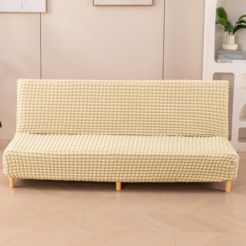 Image of HOKIPO 280 GSM Armless Sofa Cover for Sofa Cum Bed, Stretchable Elastic Futon Slipcover - 'Aria Nova' Medium, Beige (AR-6702-BGE)