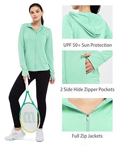 Dpowien Women's Athletic Jacket Lightweight Long Sleeve Upf 50+ Hiking Shirts Full Zip Sun Protection Hoodie With Pockets Mint Green #TOP3
