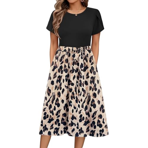 Damen Sommerkleid Elegantes Kurzarm Crew Hals Midi Kleid A-Linie Blumenkleid Casual Tunika Kleid hohe Taille Strandkleid mit Taschen S-XXL...