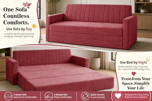 Image of 3-Seater Velvet Sofa Cum Bed with Armrests | Modern Convertible Sleeper Couch | Stylish Sofa Bed for Living Room, Bedroom & Office | Red