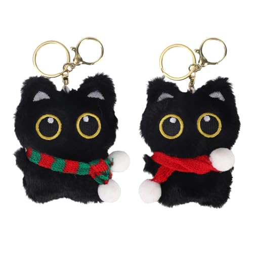 Mikovivi 2uds Llaveros Peluche Gato Negro Chirriante, Kawaii Gato Negro con Bufanda Llavero Animal Esponjoso para Bolso Mochila Monedero Accesorios y Regalos para Amantes Los Gatitos