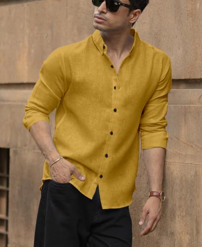 Image of NexaFlair Men's Shirt Regular Fit Solid Pattern Linen Cotton with Long Sleeve Collared Neck Standard Length and Button Down Closure Type | Mens Casual Shirts | Man's Formal Shirts