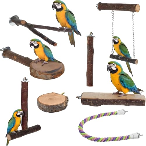 Yuexinkai - 8 Pack Bird Perches Wood Parrot Stand Hanging Toys Rope Birds Stand Branches Cage Accessories Platform Chewing Stick for Budgie Parakeet Lovebirds Chinchilla Cockatiels Conure Exercise Training