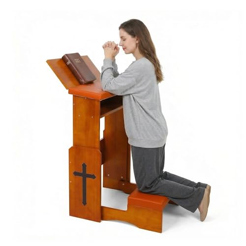 Fanwer Folding Prayer Bench for Home Use - Adjustable Wooden Kneeler for Prayer & Meditation Compact Kneeling Altar with Bookshelf for Church Chapel or Personal Devotion