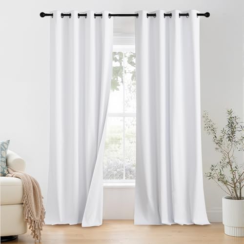 Image of NICETOWN 100% Blackout Window Curtain Panels 90 inch Length for Living Room, Set of 2, Snow White, 55 inches Wide, Thermal Insulated Extra Long Drapes for Patio Sliding Door