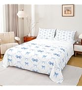 Erosebridal Blue and White Bow Twin Bed Sheets for Girls | Cute Blue Ribbon Bow Tie Bedding Set f...