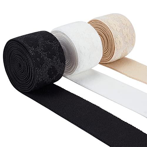 FINGERINSPIRE 6 Yards 3 Couleurs Couture Bandes Élastiques Ruban Élastique en Nylon avec Paillettes et Motif de Fleurs Bande Élastique 4.5 cm de Large Blanc/Noir/Kaki pour Ceinture de Robe Cover