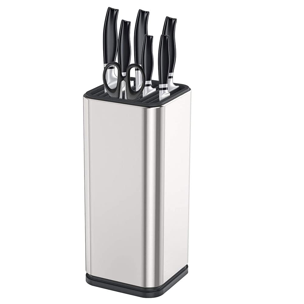 Universal Knife Block Holder Stainless Steel Modern Rectangular Design with Scissors-Slot, Knife Holder Counter-top Storage, Holds 12pcs 8”-Blade Knives, 23x11cm (knives not included)