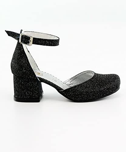 Flower Girls Communion Low Block Dress Black Shoes Chunky Heels Closed Round Toe Ankle Strap Pump, Size US Little Kid 132