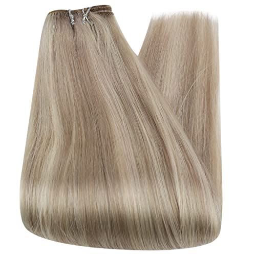 Image of Full Shine Sew In Hair Extensions Real Human Hair 12 Inch 80G Ash Blonde | Invisible Weft Extensions, Soft Straight Hair, color Ash Blonde Highlight Bleach blonde, Short Daily Wear, Women Looks