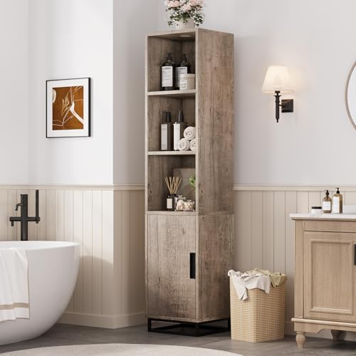 GarveeHome Tall Bathroom Cabinet, 70" Narrow Storage Cabinet with Door and Adjustable Shelf, Open Storage Freestanding for Laundry Room, Kitchen, Living Room, Small Space, Grey