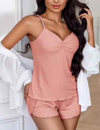Image of Ekouaer Womens Cami Pajama Sets 2 Piece Ribbed Knit Lingerie Sleeveless Tank Top and Shorts Camisole Pjs Sleepwear
