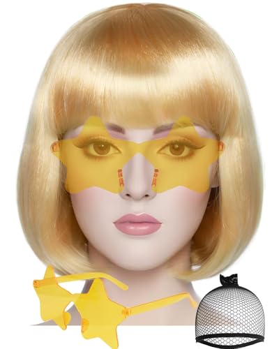 Image of ANOGOL Blonde Bob Wig with Bangs Blonde Golden Wigs for Women Colored Wigs | Hair Cap+Sunglasses Short Neon Wig for Bachelorette Party Funny Outfit for Women Halloween Costume Night Club Crazy Hair Day