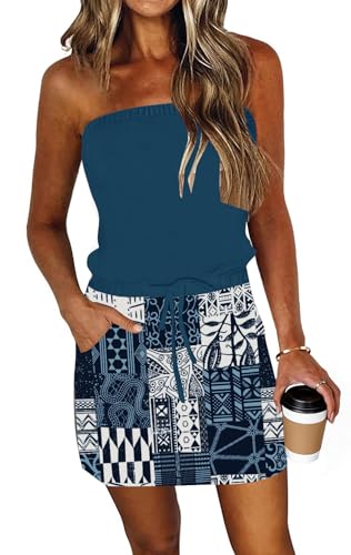 Image of SAUKOLE Summer Dress for Women Strapless Beach Cover Ups Boho Sundress Mini Dress Drawstring Waist with Pockets