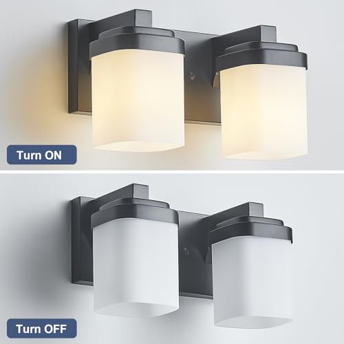 Image of 10 Inches Bathroom Vanity Light, 2-Light Black Bathroom Light Fixtures Over Mirror, Bathroom Light Shower Lamp with Milky White Square Glass Shade, Modern Farmhouse Lighting Fixtures