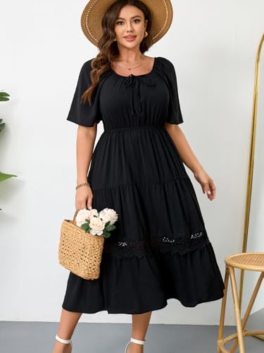 Image of RWJ Women's Plus Size Maxi Dress Short Sleeve Square Neck Flowy A-Line Lace Trim Flutter Party Casual Off Shoulder Dresses