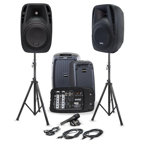 Gemini Portable PA System with Stands, Bluetooth, 600W Powered System with 6-Channel Mixer, Dual 10″ Speakers, Mic & Cables—All-in-One for Events, DJs & Fitness (ES-210MXBLU-ST)