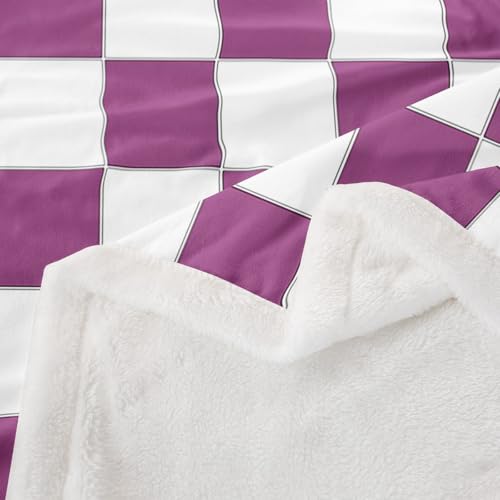 Image of Erosebridal Girls Purple Checkered Fleece Bed Blanket White Lavender Buffalo Plaid Grid Throw Blanket Queen 90 inchX90 inch,Checkerboard Sherpa Blanket for Kids Teen Women Geometrical Gingham Fuzzy Blanket