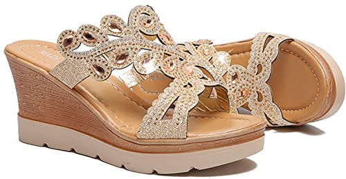 Womens Bling Rhinestones Platform Wedges Sandals Flat Comfortable Slingback Non-Skid Breathable Orthotic Soft Slippers (Color : Metallic, Size : 8) #TOP6