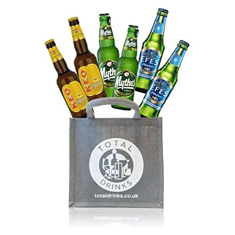 MEDITERRANEAN BEER GIFT SET WITH JUTE BAG 2 x 330ml bottles each of Greek Mythos, Turkish Efes, Cypriot Keo Beer bottles Cover