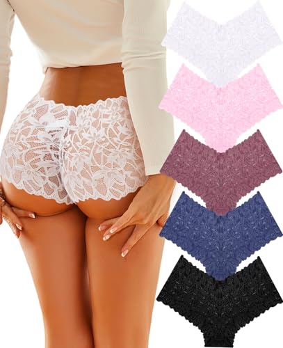 Image of ALL OF SHE Sexy Underwear Panties for Women Cheeky V Waist Lace Boyshorts Lingerie Plus Size Underwear Gift Wife Women 5 Pack