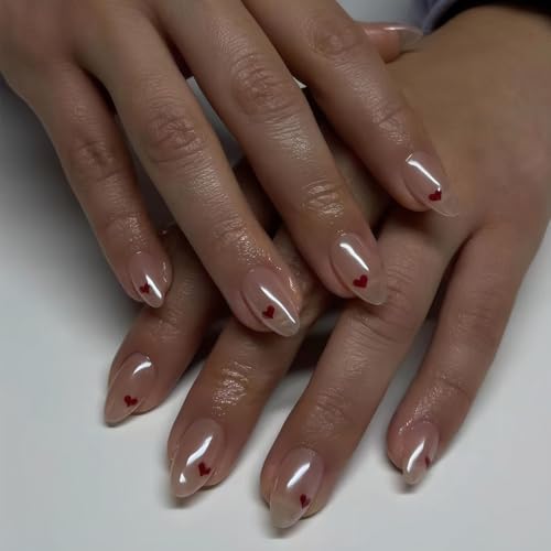 MRSCOL Press on Nails-Heart,30 Pcs Press on Nails Almond,Press On Nails Short Reusable 15 Sizes - 30 Nail Kit with Glue