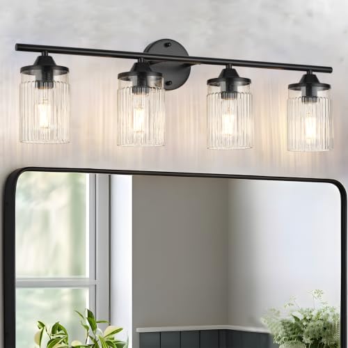 Image of Jonsi Black Bathroom Light Fixtures 4-Light Vanity Lights Modern Wall Sconce with Clear Glass Shade Bathroom Light Fixture Over Mirror for Bedroom Hallway Kitchen