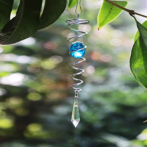 Spring Song Wind Spinners Gazing Ball Spiral Tail Indoor Outdoor Stainless Steel Garden Decoration With Hanging Swivel Hook,Wind Spinners Balls Gifts For Yard Decor(7.5Inch Blue Silver) #TOP1