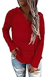 ANFTFH Damen Sweatshirt V-Ausschnitt Kapuzenpullover Langarm Pulli Lässiger Einfarbig Jumper Freizeit Strick hohler Pullover Rot XL