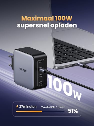UGREEN Nexode 100W USB C-Charger met 4x USB-C-poorten GaN-oplader meerdere PD-lader ondersteunt PPS 45W compatibel met MacBook Pro/Air, HP Laptop, iPad Pro/Air, iPhone 16-8 serie, Galaxy S24 - Afbeelding 4