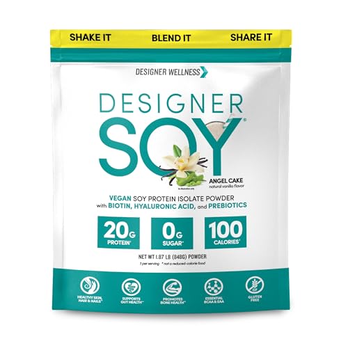 Designer Wellness, Soy Isolate Protein Powder with Biotin, Hyaluronic Acid, and Prebiotics, Vegan, 0 Sugar, Non-GMO, Angel Cake Vanilla, 1.87 lb