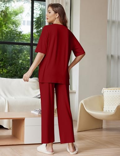 Image of Ekouaer Lounge Sets for Women Short Sleeve Tops and Long Pants Soft Comfy Pajamas Set 2 Piece Outfits