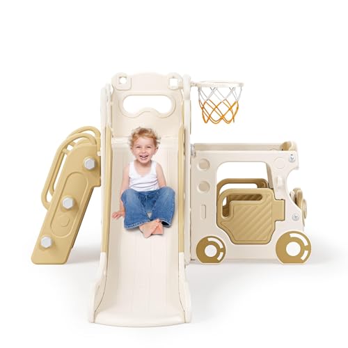 Krovtoy Toboggan pour Enfants épaissi et élargi, Toboggan Extra-Long de 170 cm, Toboggan pour Tout-Petits autoportant avec Panier de Basket, équipement de Jeu pour Toboggan pour bébé (Café- 4 en 1)